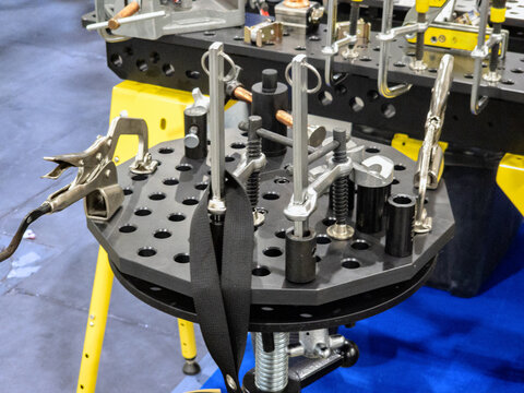 Industrial Modular Welding Fixture Table with Clamps, Pins, and Metalworking Jig Accessories