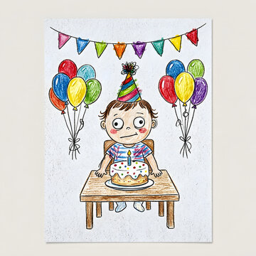 Childlike colored pencil drawing of first birthday celebration around the world, hand drawn 1st birthday party illustration