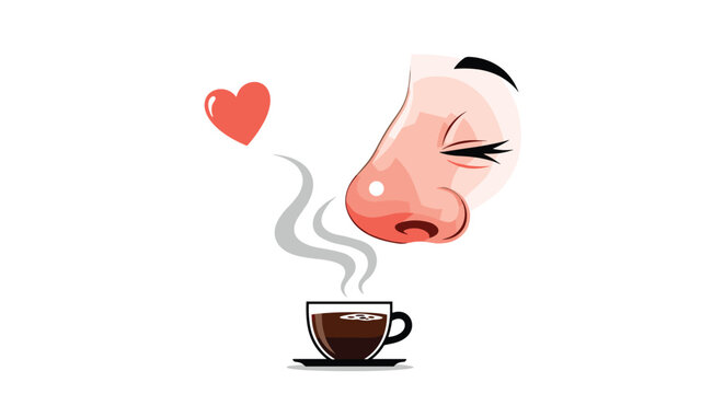 Human nose character enjoying the aromatic smell of a hot cup of coffee represented by steam and a floating red heart.