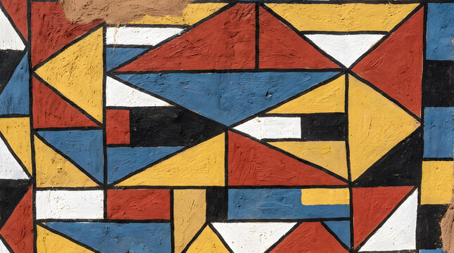 Close-up of traditional hand-painted African Ndebele geometric wall pattern in bold primary colors, cultural art