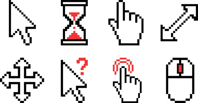 Retro pixel art computer cursor set with 8 icons, vintage 8-bit mouse pointers and hourglass loading symbols, classic digital interface elements for web design and gaming UI graphics.