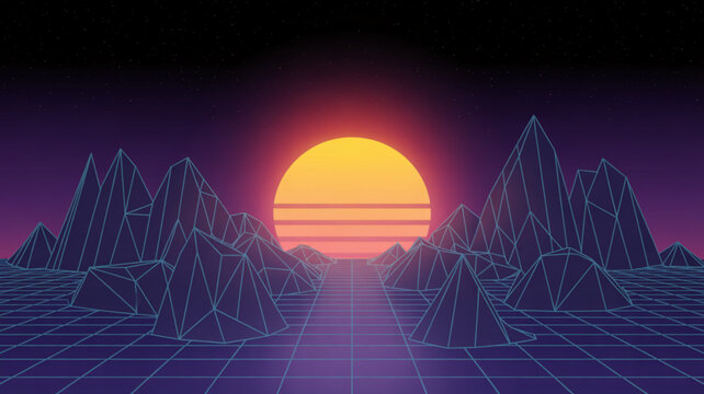 Retrofuturistic landscape with wireframe mountains and a glowing sunset synthwave digital art for 80s nostalgia and futuristic themes