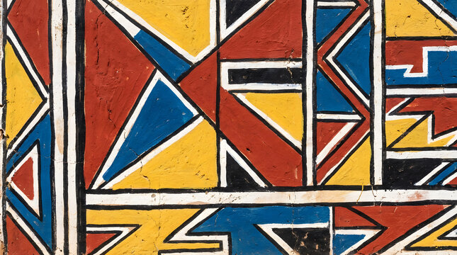 Close-up of traditional hand-painted African Ndebele geometric wall pattern in bold primary colors, cultural art