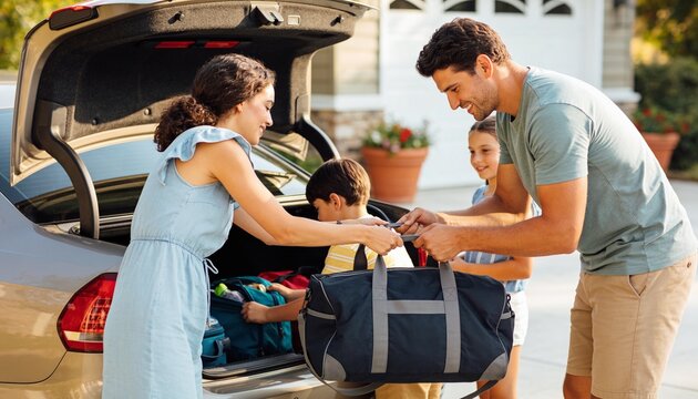 Packing family loading bags into silver car at driveway, woman in blue dress handing navy duffel