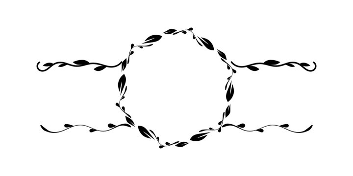 horizontal botanical frame with a central circular wreath and extended vine borders vector illustration