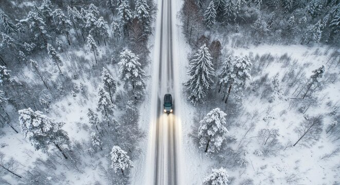 Aerial view of a car driving on a snowy road through a winter forest