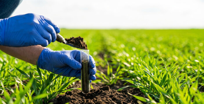 A scientist collects soil samples in a lush green field for analysis, showcasing the importance of soil health in agriculture and environmental research.