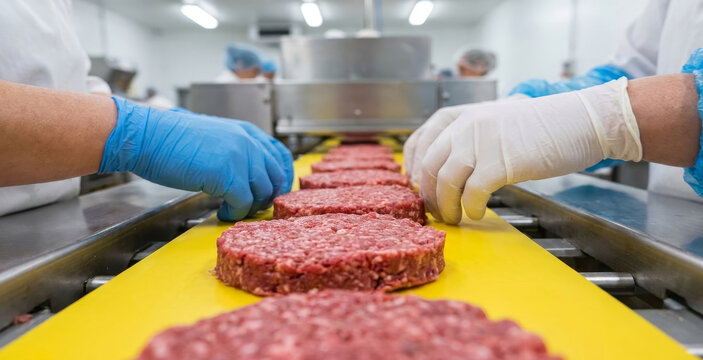 Workers in a meat processing facility prepare and pack raw hamburger patties on a yellow conveyor belt, wearing gloves for hygiene and safety.