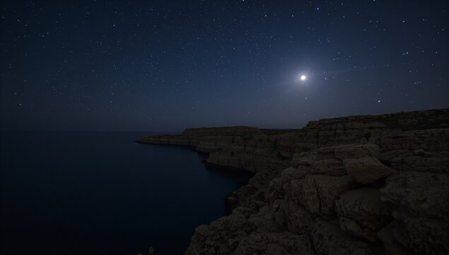Revealing limestone-cliff ledge dropping to calm sea at night, starry moon, headland, copy space