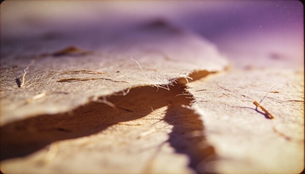 Showing torn fibrous paper running diagonally on tabletop close-up, with frayed fibers and shadow