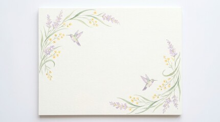 Fototapeta premium A delicate watercolor painting featuring two hummingbirds flying amidst soft lavender and flowers.