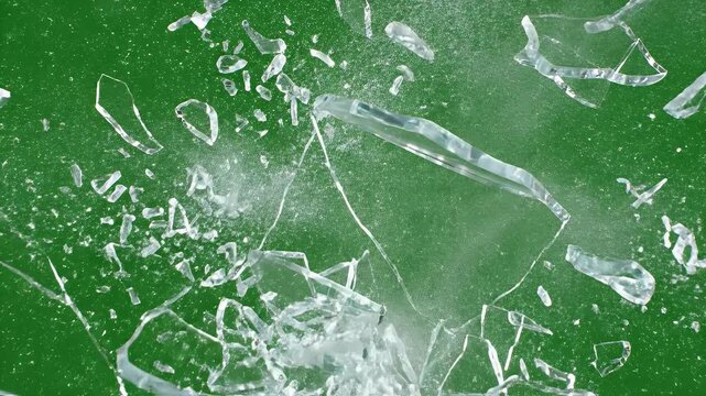 A dynamic visual of shattered glass fragments suspended in mid-air against a vibrant green background, creating a striking and impactful image.