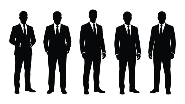 Five black silhouettes of businessmen in suits standing