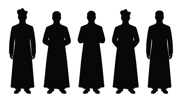 Five black silhouettes of people in robes standing