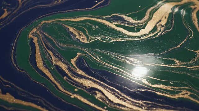 An abstract image showcases swirling patterns of deep blue, emerald green, and shimmering gold, resembling a marbled texture with a dynamic flow.