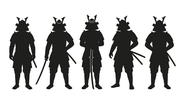 Silhouette samurai warriors standing in row
