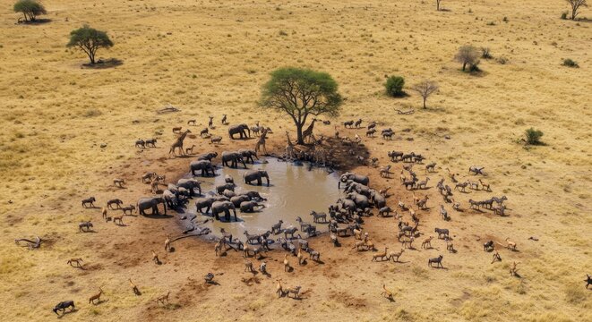African Wildlife Gathering at Watering Hole in Savannah