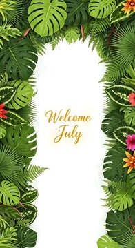 Welcome July greeting with green leafy background and text.