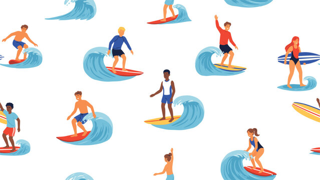 Surfer People Vector Pattern Set Men Women Riding Ocean Waves Surfboard Summer Beach Sport Cartoon Illustration Collection