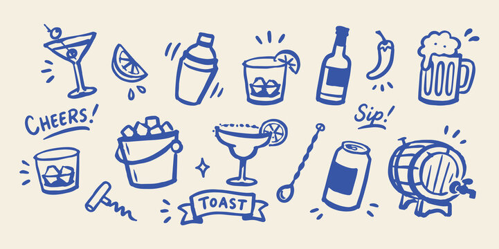 Cocktail and Beer Party Doodle Set Vector Illustration