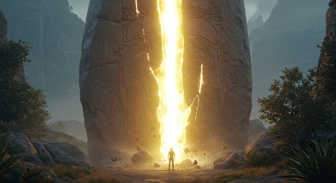 Ancient Stone Monolith with Glowing Energy and Lone Figure