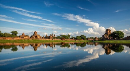 Fototapeta premium Ancient Temple Ruins Reflected in Calm Water Under Blue Sky
