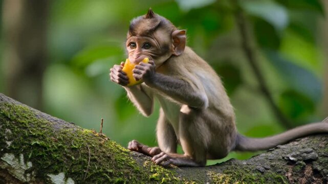 Small macaque monkey eating fruit on a mossy branch