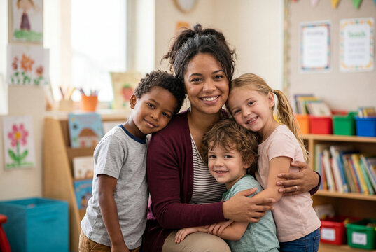 Smiling female educator embracing three diverse young students in a classroom