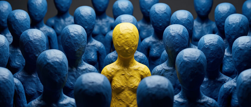 A single yellow figure stands out among many blue figures, symbolizing individuality and uniqueness.