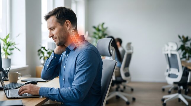 Businessman Experiencing Neck Pain While Working On Laptop In Office With Cervical Spine Anatomy Overlay