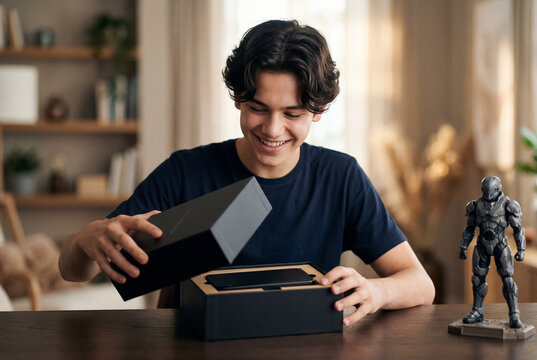 Teenage boy unboxing a new smartphone from black packaging at home