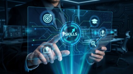 Fototapeta premium Businessman interacting with complex holographic interface showing skills development and educational icons for advanced corporate training and business strategy