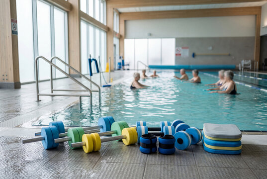 Indoor therapy pool with aquatic exercise equipment for rehabilitation and fitness