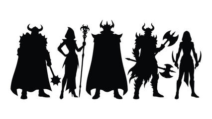 Black silhouettes of fantasy creatures and warriors © Rahat