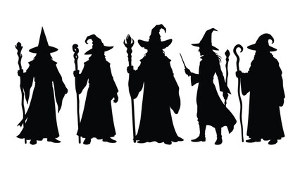 Black silhouettes of five witches with magic wands © Rahat