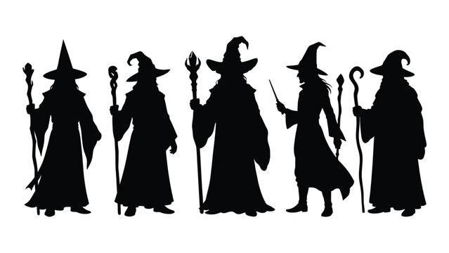 Black silhouettes of five witches with magic wands