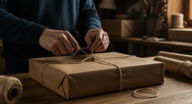 Man wrapping large gift box with rope on wooden table with kraft paper and careful knot tying