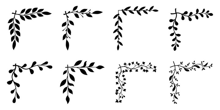 Hand drawn vintage floral borders, frames, dividers with flowers, branches and leaves. Trendy greenery elements in line art style.
