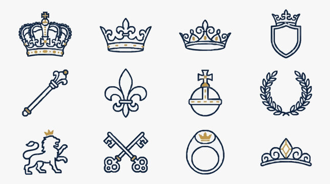 Dynamic Royal and Heraldic Symbols Collection Blue and Gold Crowns Scepters Keys Shields and Emblems