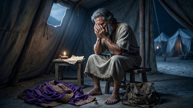 Bible, A heart-wrenching, intimate portrait of David in his camp after receiving news of the battle. He is completely alone, face buried in his hands, his royal robe forgotten on the floor. 