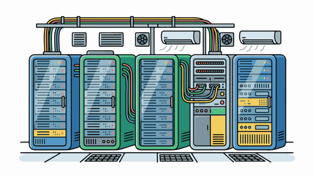 A cartoon illustration of a server room with five large servers and air conditioning units
