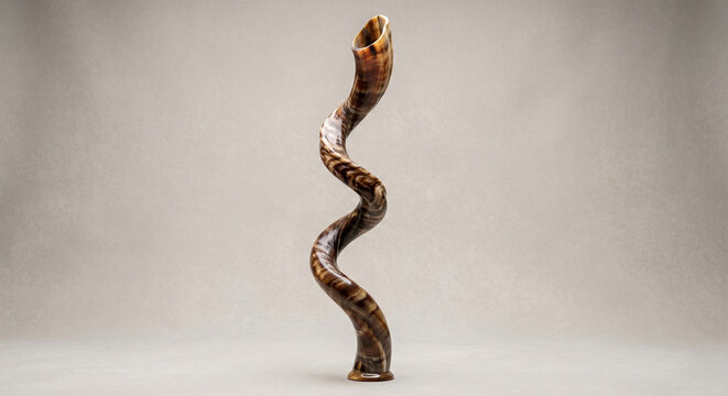 A professional product photograph of a large, expertly crafted Yemenite kudu horn shofar, standing vertically against a seamless, muted stone-colored background 