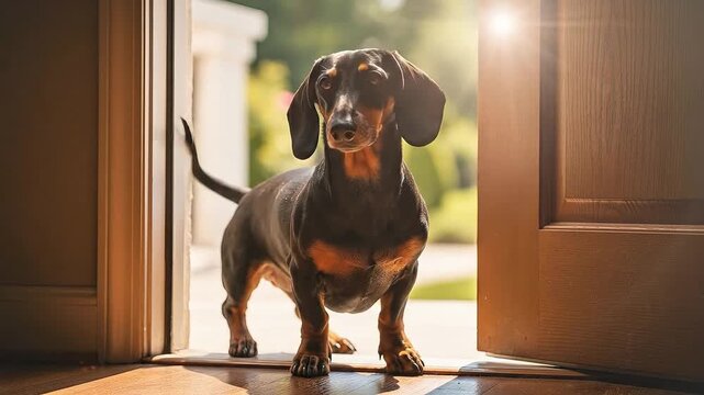 A dachshund stands at an open doorway, bathed in sunlight.