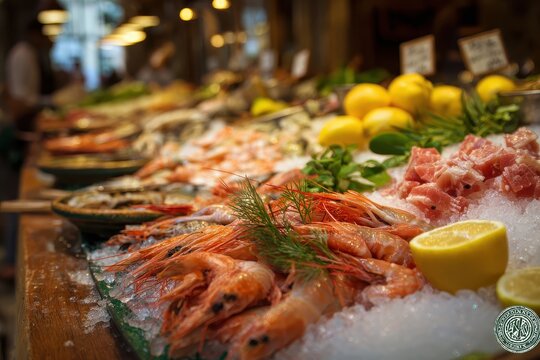 Exhibici&Atilde;&sup3;n de mariscos y pescados en hielo en mercado tradicional