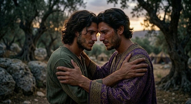 Bible, A heart-wrenching, intimate portrait of David and Jonathan&rsquo;s final meeting. They are embracing for the last time, their faces showing profound sorrow and deep, enduring friendship. 