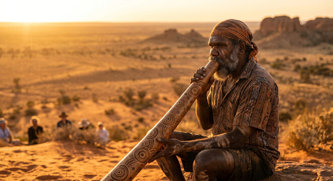 An atmospheric, cinematic portrait of an Indigenous Australian musician performing on a didgeridoo in an open, sun-drenched desert landscape at golden hour, with the vast,