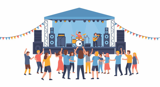 A lively outdoor concert with a band performing on stage and a crowd dancing
