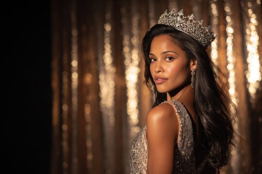 Glamorous pageant contestant portrait in a sequin gown with crown against a curtain backdrop