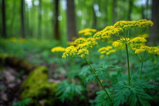 Golden Alexanders Bloom in a Sunlit Northbrook Woodland