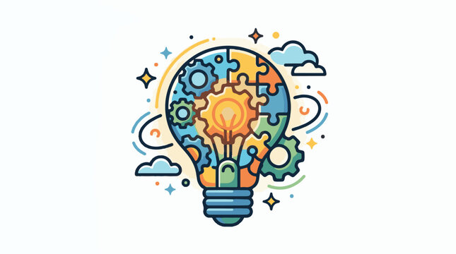 A lightbulb with puzzle pieces and gears inside, surrounded by clouds and stars